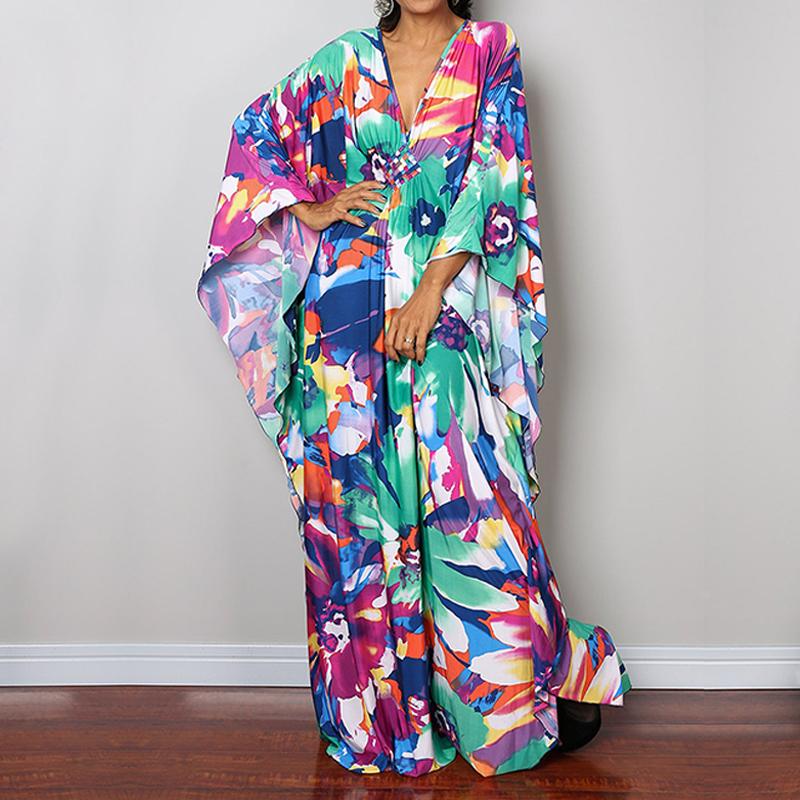 2022 Potisk přikrývky Sexy Hluboké letní plážové šaty s výstřihem do V Tunika Kaftan Ženy Plážové oblečení Plavky Zahalovací župan De Plage Q1289