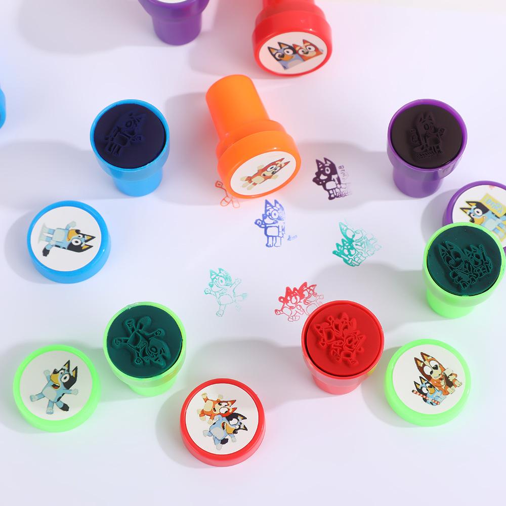 12Pcs/Set Bluey And Bingo Seal Bandit Chilli Lucky Socks Anime Figures Colorful Pattern Stamp Kids Toys Gift