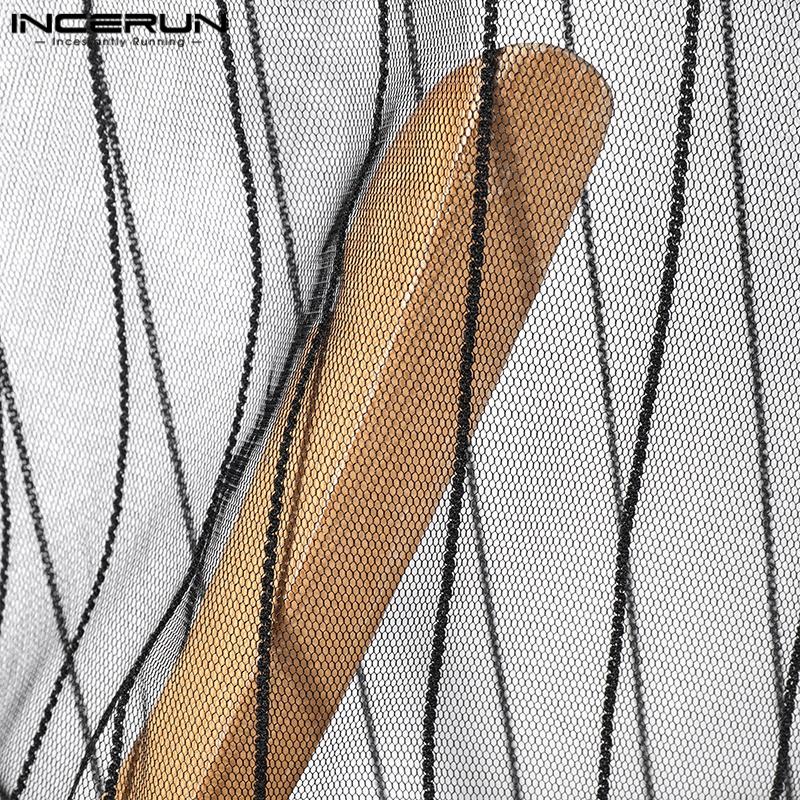 INCERUN Summer Men Short Sleeve Mesh Sheer Striped Ftiied Cropped T-shirts