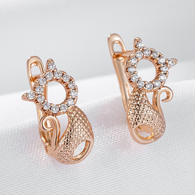 Kinel Luxury Cute Cat Earrings For Girls 585 Rose Gold Color Natural Zircon Accessories Children Baby Xmas Gifts Animal Jewelry