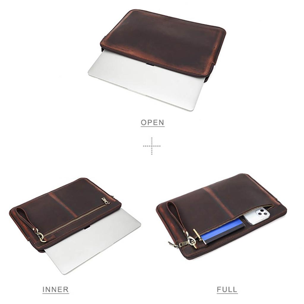 Genuine Leather Laptop Sleeve Case For Macbook Air M1 M2 M3 M4 Pro 13 14 15 16 Inch Briefcase Dell HP Computer Cover Bag For Men