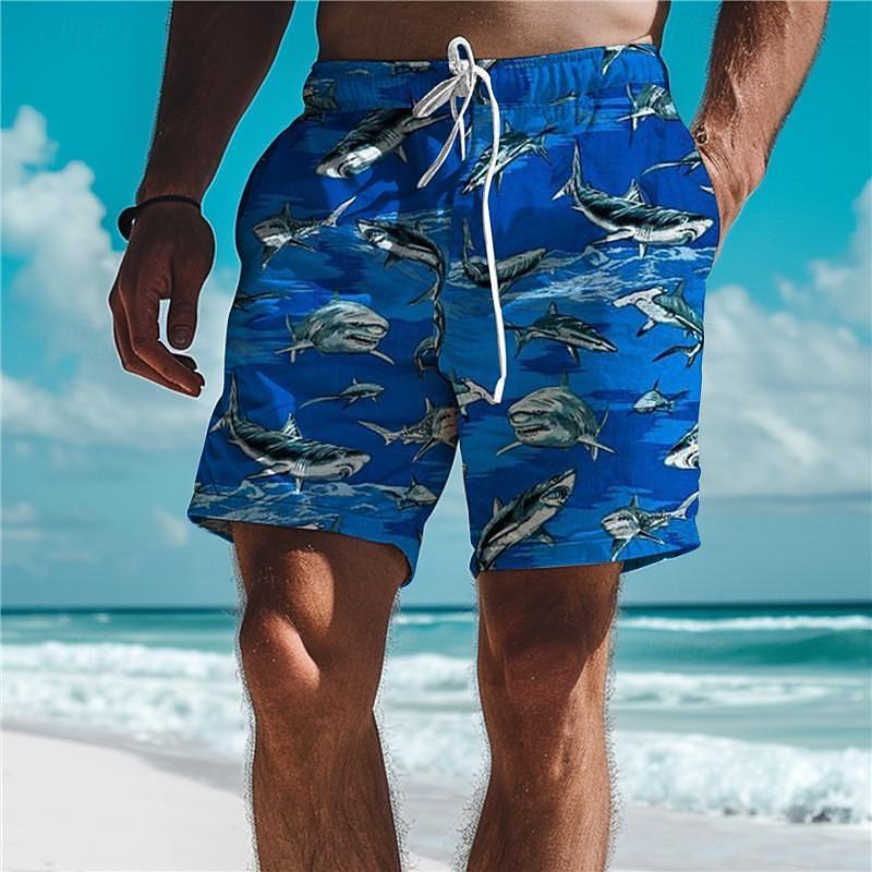Men s Shark Swimming Trunks Board  Holiday Vacation Holiday Beach Drawstring with Mesh lining Elastic Waist Designer Clothing Apparel S
