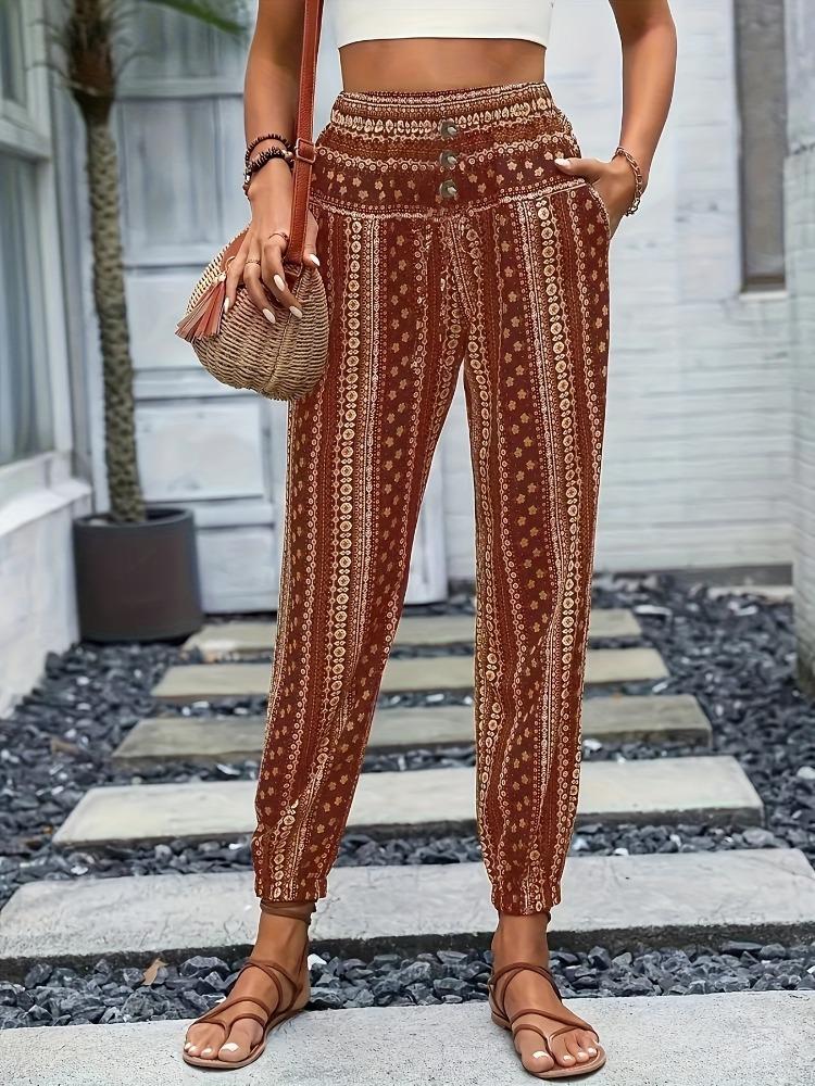 Frühling/Sommer Damen Böhmischer Ethno-Print Locker Schlankmachend Drapierte Elastische Taille Aufgeschlagene Lässige Hose