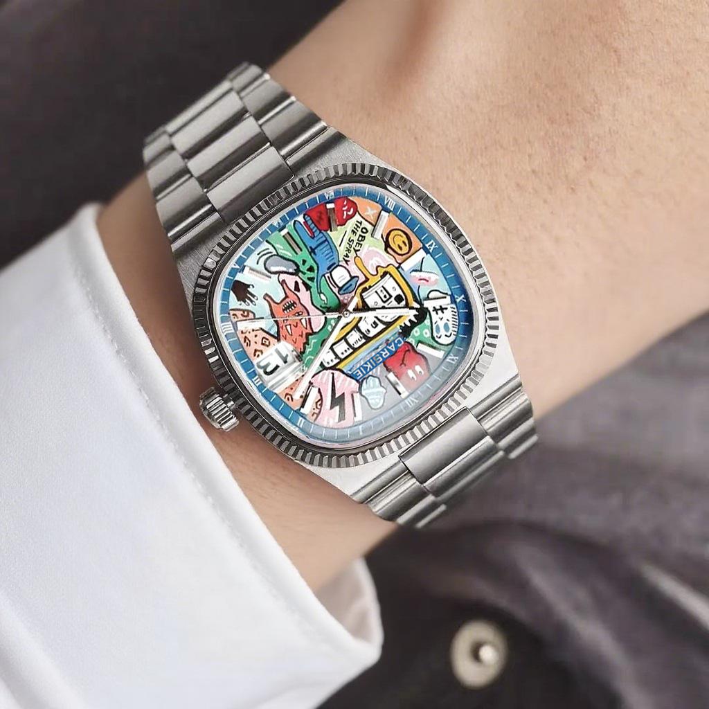 Quadratische Retro-Uhr für Herren Edelstahlarmband Wasserdichte Quarz-Armbanduhr