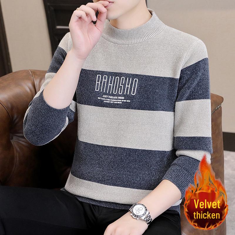Men s Velvet Half-High Collar Sweater - Winter 2025 Fashion, Thick Plush Base Layer Knitwear 2XL