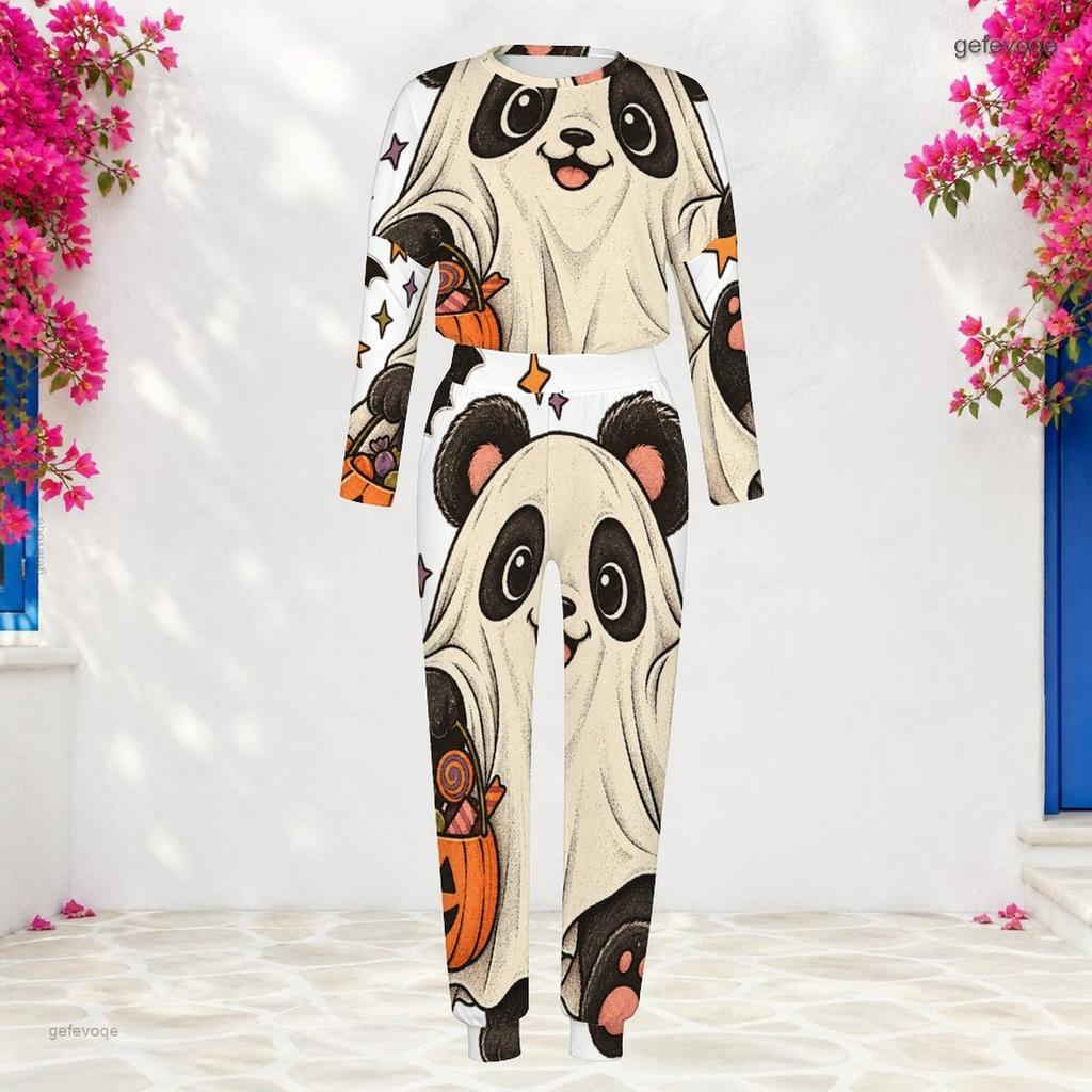 Women Plus Size Round Neck Long Sleeve Cat Printed Cuffed Top And Pants Two Piece Set