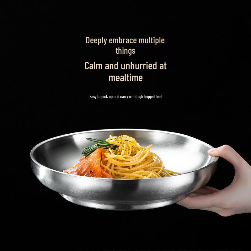 304 Stainless Steel Deepened Double-Layer Round Plate - Steak, Dessert, and Fruit Dining Plate