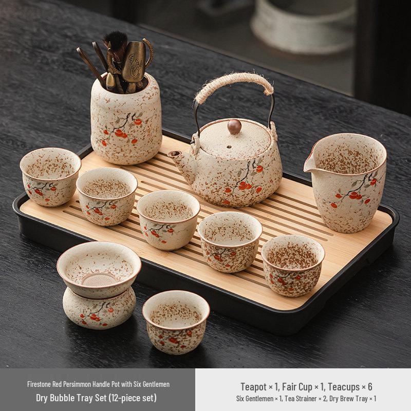 High-End Flint Red Gongfu Tea Set with Ceramic Kettle, Teacups, and Teaplatters