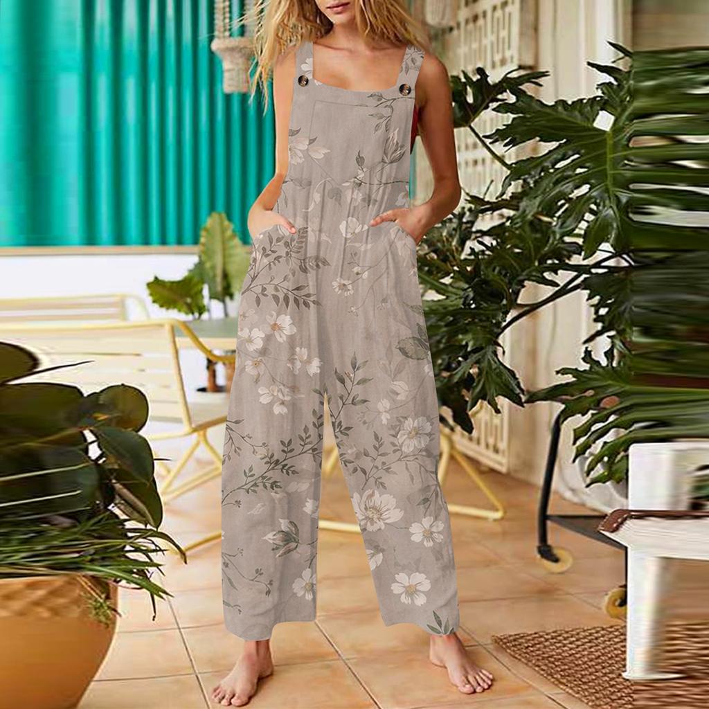 Salopette Vintage en Coton et Lin pour Femme, Imprimé Floral, Coupe Ample, Sans Manches, Jambes Larges, Combinaison Décontractée avec Bretelles Réglables