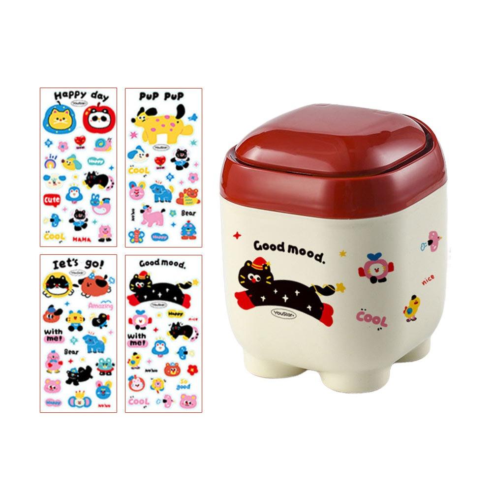 Fashion Dopamine Stationery Storage Box Large Capacity Cartoon Pattern Cosmetics Storage Box Multi Grid with Stickers Pen Holder