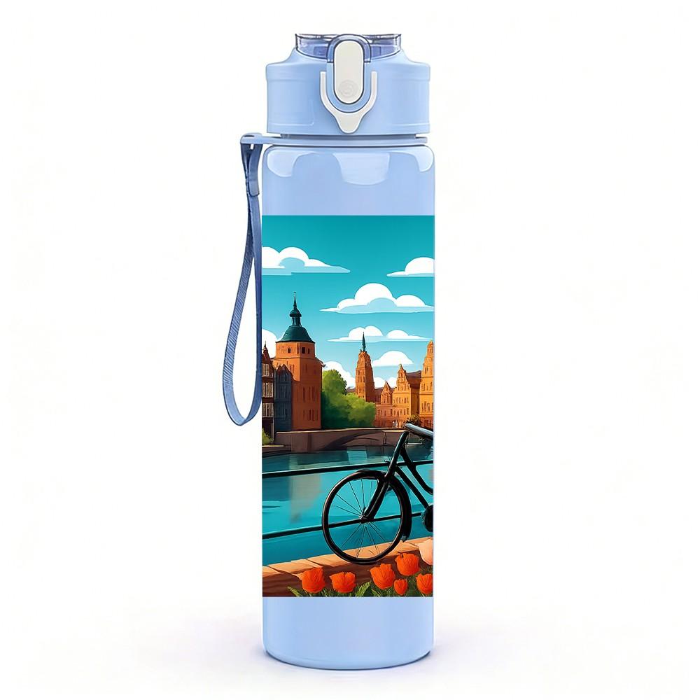 1PC City River Landscape Painting 750ml Color Plastic Sports Water Bottle Leakproof Flip Straw Lid Suitable for Sports Office Home Use
