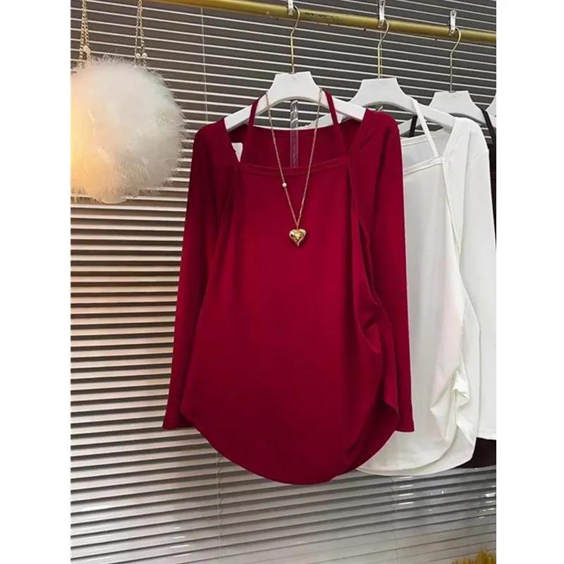 

Women s Halter Square Neck Long Sleeve False Two-piece Top Red Loose Casual Blouse L червоний