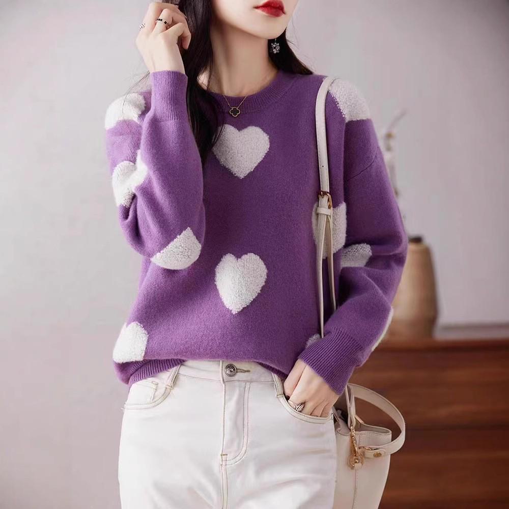 

Зимний красный сердечный ленивый стиль круглый вырез вязаный свитер-пуловер S080 one size [80-120] фиолетовый