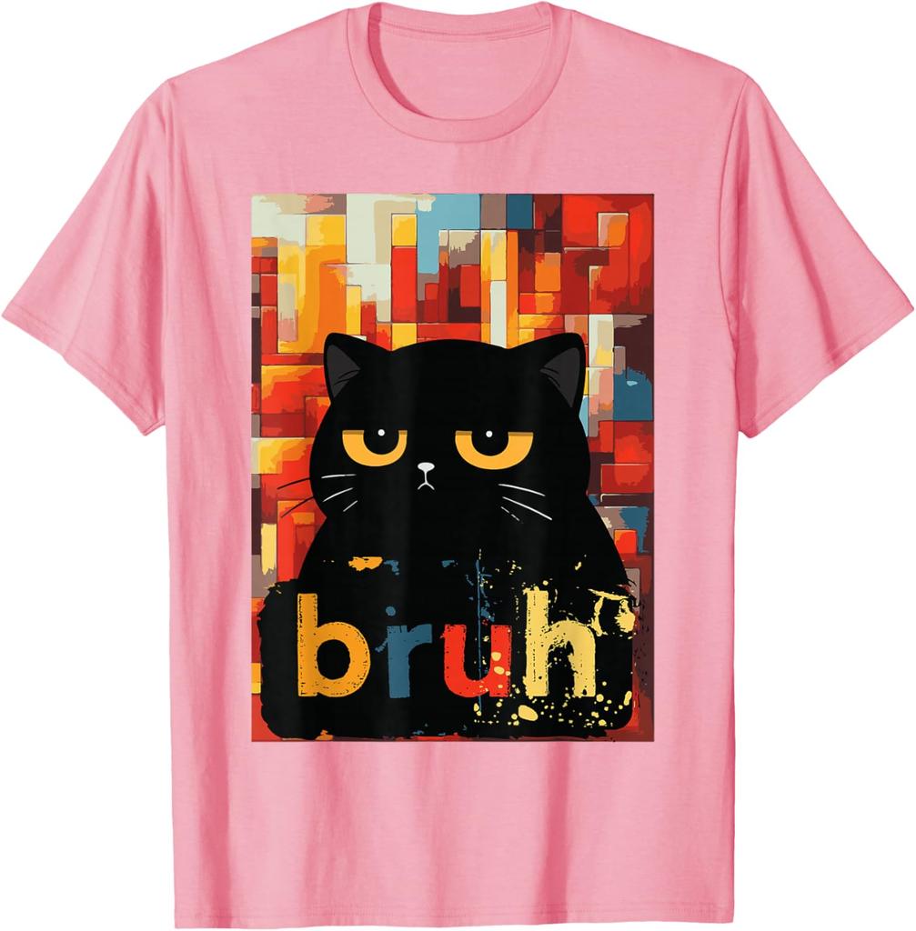 Bruh Black Cat Funny Meme Graphic TShirt Casual Short Sleeve Cotton Crew Neck Tee