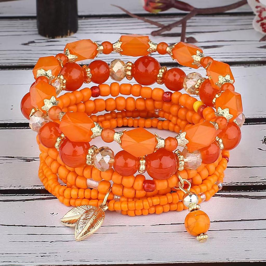 Bohemian Ethnic Layered Beaded Bracelet Set with Leaf Pendant