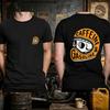 Men Double Sided Print T Shirt Skull Helmet Graphic Front Small Badge Back Letter Print Vintage Biker Motorcycle Casual Short