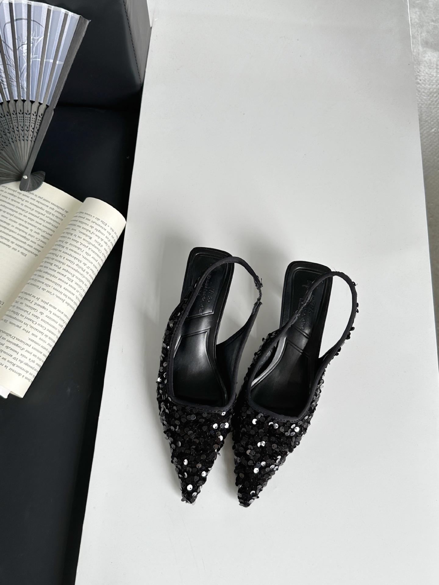 

Французские Премиальные Туфли с Пайетками, Босоножки на Голову, Сказочные Туфли, Остроносые, С Открытой Пяткой, Одинарные Туфли, Высокий Каблук 39 чёрный