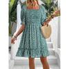 Women's Square Neck Puff Sleeve Printed Backless Loose Casual Midi Dress For Women