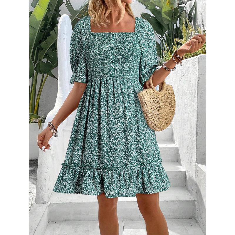 Women's Square Neck Puff Sleeve Printed Backless Loose Casual Midi Dress For Women