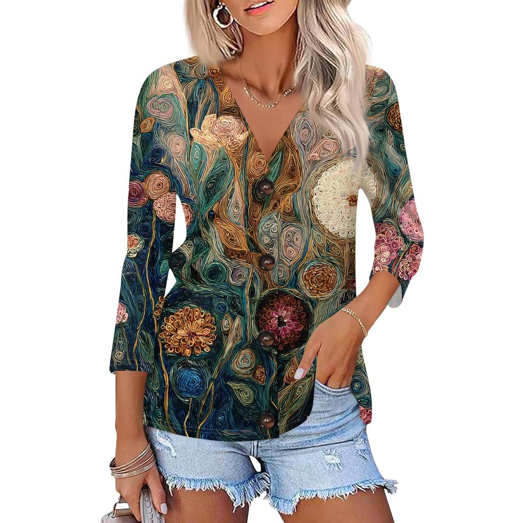 Women's Fashion Casual Printing Button-down Shirt 3/4 Long Sleeve Tops