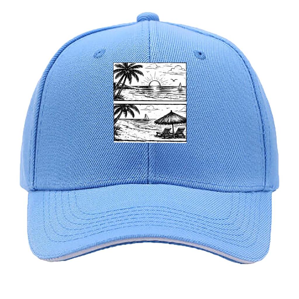 Tropical Beach Sunset Palm Tree Ocean Sailboat Sketch Sandwich Baseball Cap Unisex Women Sun Cap Outdoor Workouts Hat
