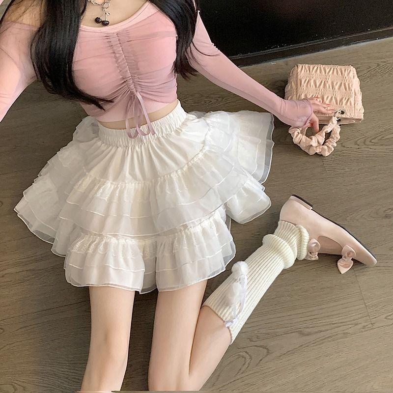 French Puffy Skirt Lace Skirt Women Summer Mesh Skirt Ballet Style White Cake Skirt Cute Half Body