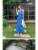 French Blue Floral Halter Maxi Dress for Women - Summer 2026 Petite Elegant Cinched-Waist Long Dress