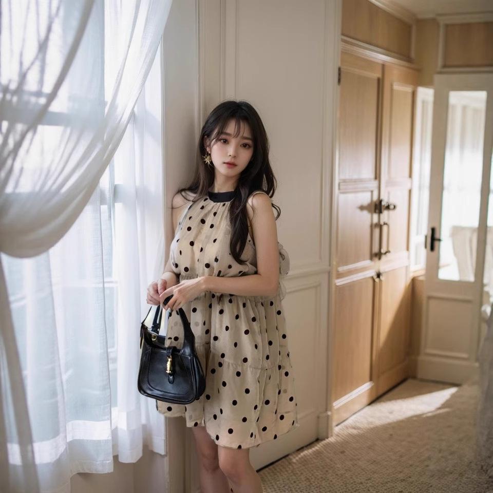 Foreign Style Polka Dot Contrasting Color Bow Neck Dress Women's Spring New Small Loose and Thin Short Skirt