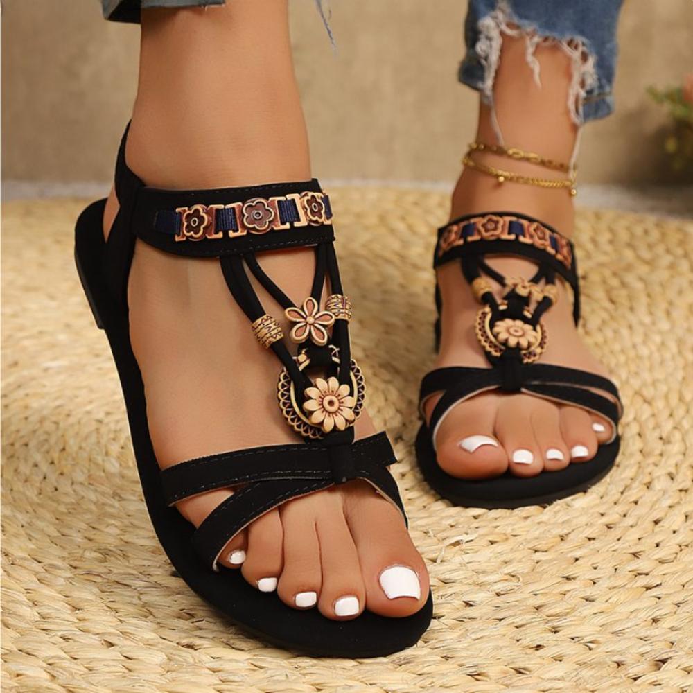 Fashion National Style Women's Flat Sandals Summer Comfortable Beach Shoes Woman Vintage Beaded Flower Decor Gladiator Sandals