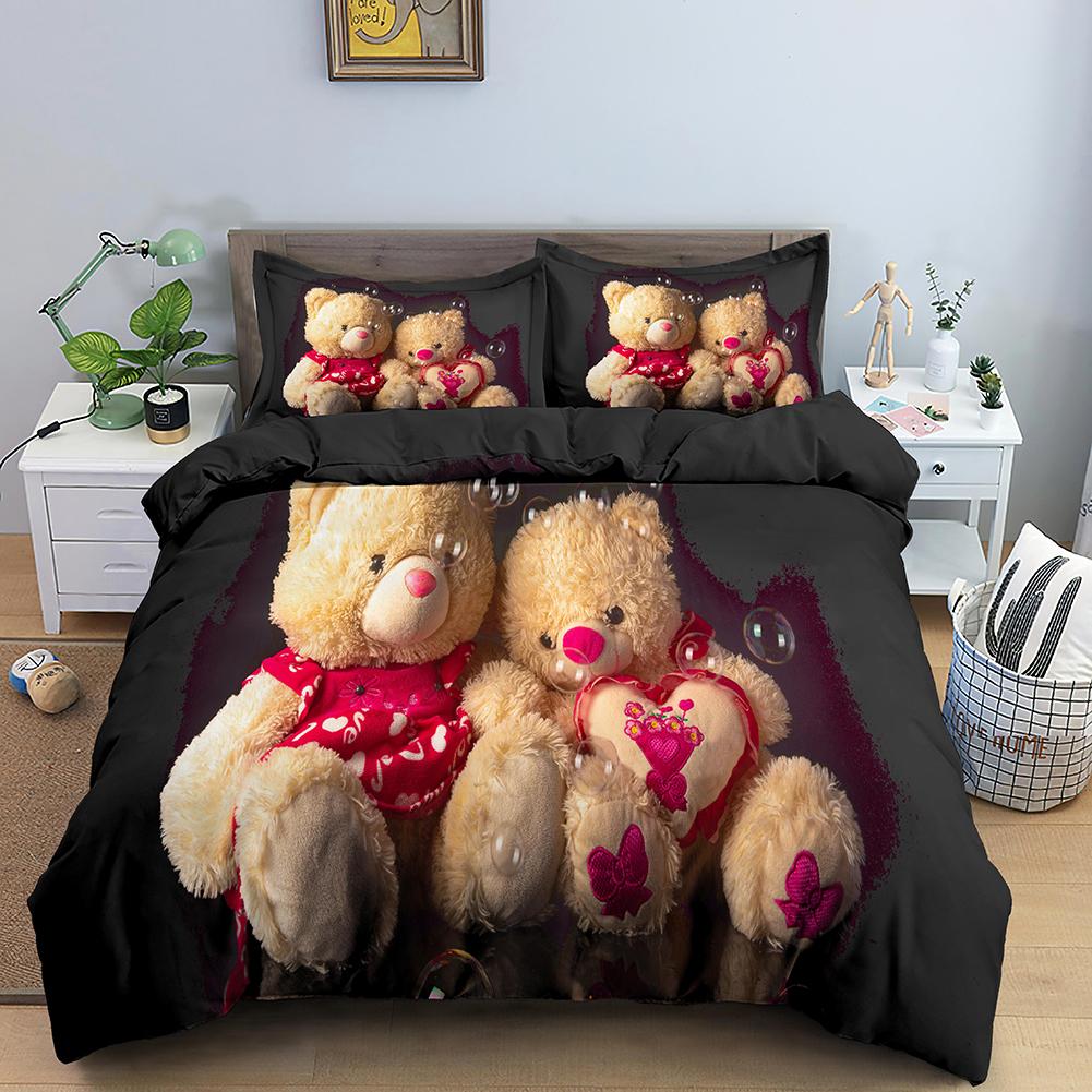 3D Romantiskt Alla hjärtans dag Påslakan Röd Ros Björn Tryckt Påslakan för Flicka Queen Quiltöverdrag Kuddfodral Lyxigt Överdragset