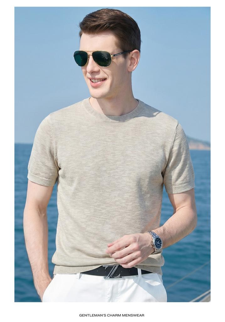 Summer light luxury casual knitted short-sleeved T-shirt made of linen and long staple cotton, men's thin and versatile half-sleeved knitted sweater