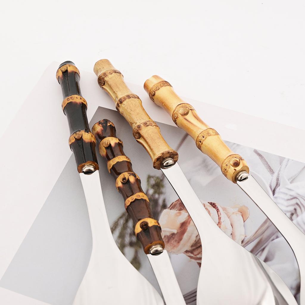 2/4pcs Bamboo Handle Dinnerware Set Salad Fork Spoon Cutlery Set Mirror Stainless Steel Flatware Western Home Kitchen Tableware
