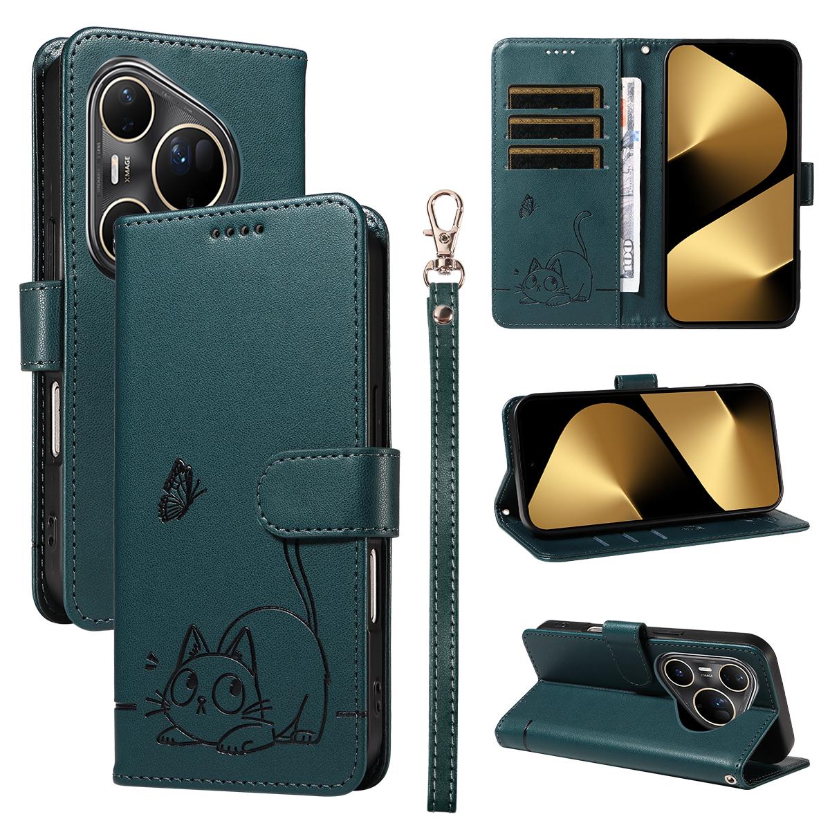 

For Huawei Pura 80 Ultra Case Cat Pattern Imprint Leather Phone Cover with Wrist Strap Blue
