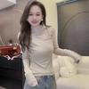 Plus Size Velvet Lace Patchwork Long Sleeve Slimming T-Shirt for Women - Half-High Collar, Warm & Stylish Autumn/Winter Top