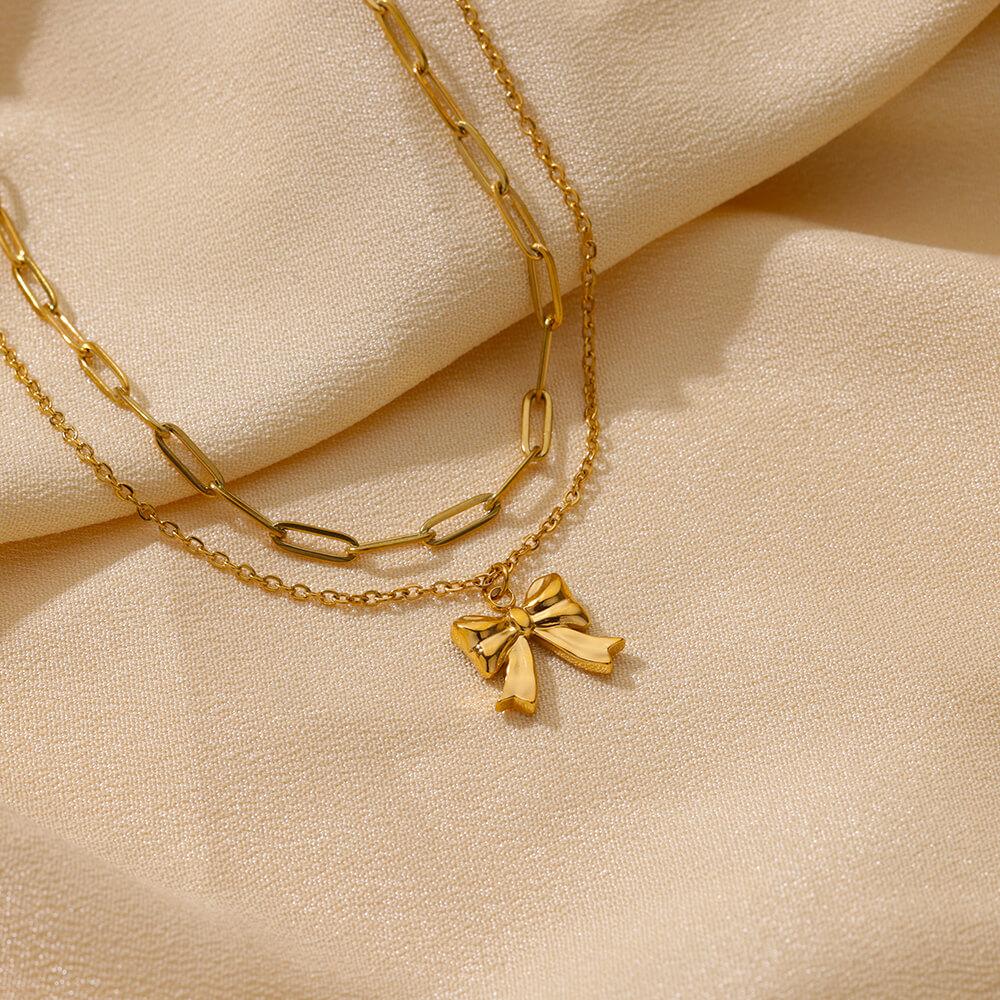 Stainless Steel Bowknot Pendant Necklace For Women Fashion Gold Color Clavicle Chain Bow Tie Necklaces Party Birthday Jewelry