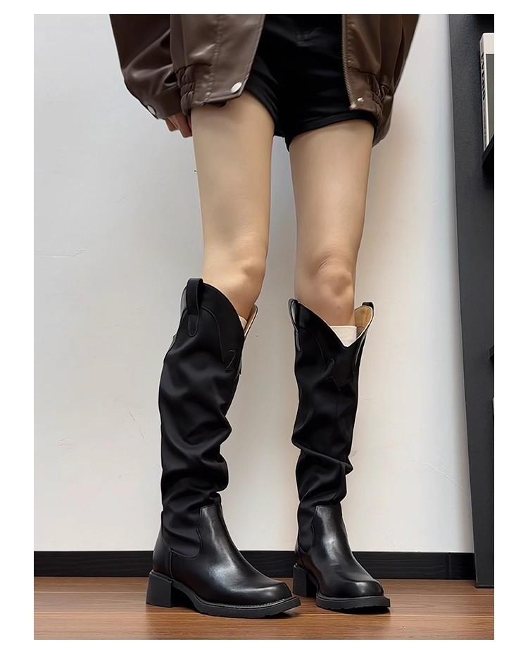 Coarse heel pleated high tube stacking boots women's 2025 new versatile but knee boots women's retro western knight boots