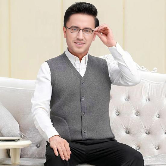 Men Vest Coat V-Neck Sleeveless Single Breasted Waistcoat with Pockets Solid Color Thickened Velvet Lining Coldproof Vest