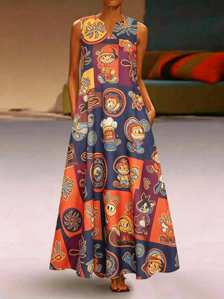 Retro Floral Color Matching Printing V-neck Sleeveless Loose Pendulum Long Dress