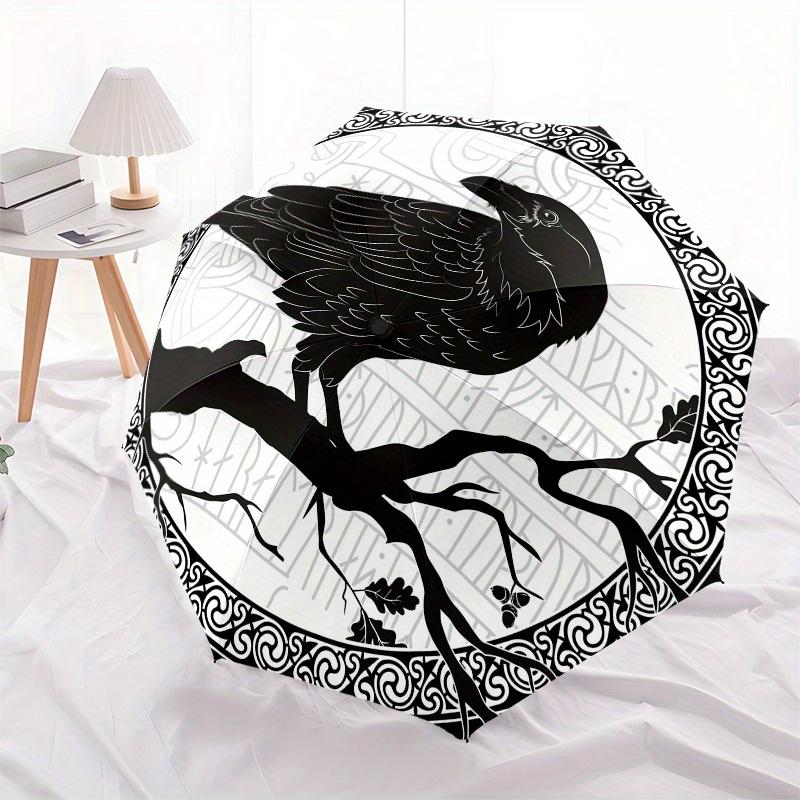 Raven on Branch: Mystical Black and White ArtworkUmbrella, Portable 3-Fold Compact Umbrella,Christmas Gift ES404