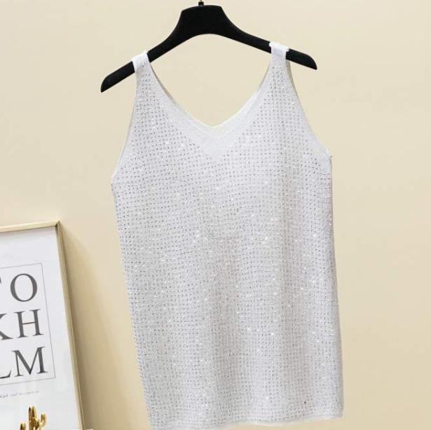 

2024 Майка из ледяного шелка со стразами: Универсальный летний топ без рукавов One Size белый