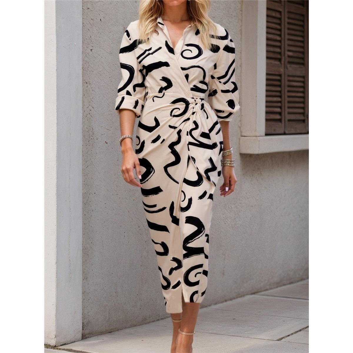 

Женское платье с длинным рукавом, V-образным вырезом, принтом, лацканом и завязкой на талии, длинная юбка рубашечного стиля XL белый