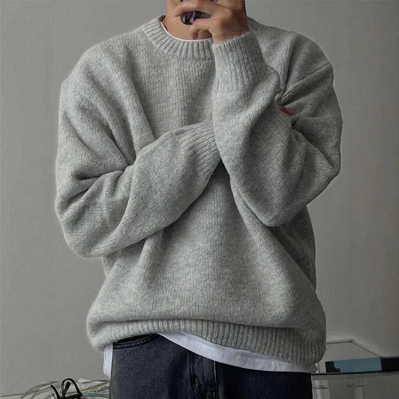 Mens Solid Color Oversized Round Neck Knit Sweater Warm Thick Casual Winter Top