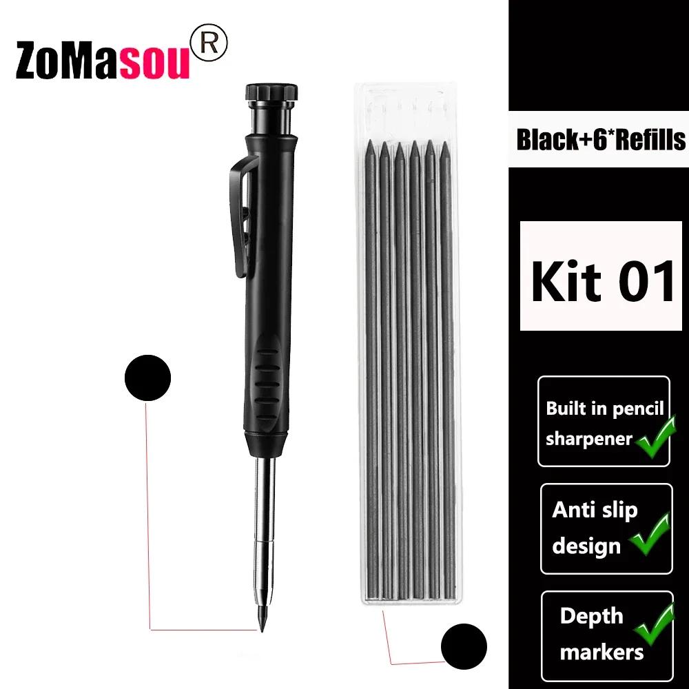 Reuseable Long Head Deep Hole Markers Pen Pencils Solid Carpenter Refill Leads Built-in Sharpener Woodwork Construction Tools