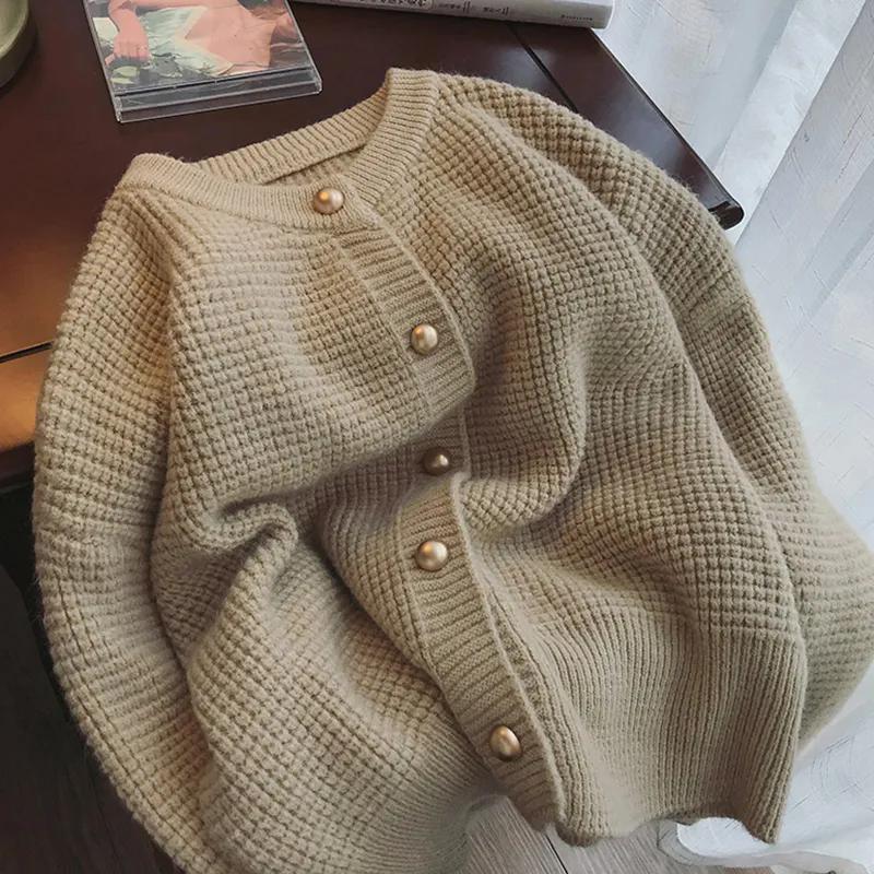 WTEMPO Large Size Solid Color O-Neck Loose Knitted Cardigans Women's Casual Versatile Long Sleeve Button Sweater Cardigans