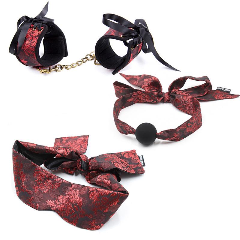 Retro Court Chinese Style Fabric Restraint Set: Foot Cuffs, Gag Ball, Eye Mask, Leash, Collar.