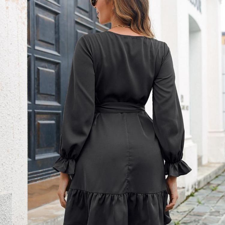 Elegant Chic Long Sleeve Lace Dress V Neck Solid Color Ruffle Women Dresses Fall Winter Sizes S XL