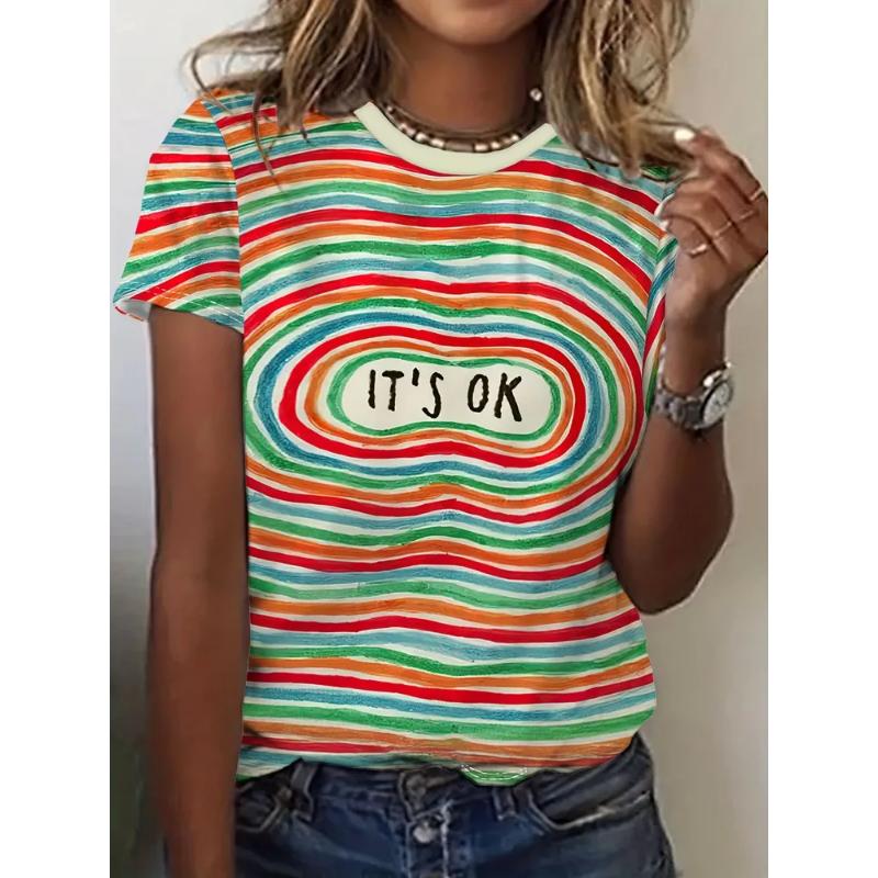 Fashion Women s Crew Neck Short Sleeve 3D Striped Color Printing Striped Short Sleeve Crew Neck T-Shirt XS