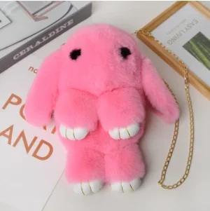 Cute Fluffy Rabbit Fur Pompoms Chain Bag Women Cartoon Rabbit Sling Bag Fluffy Bunny Shoulder Plush Backpack Girls Birthday Gift