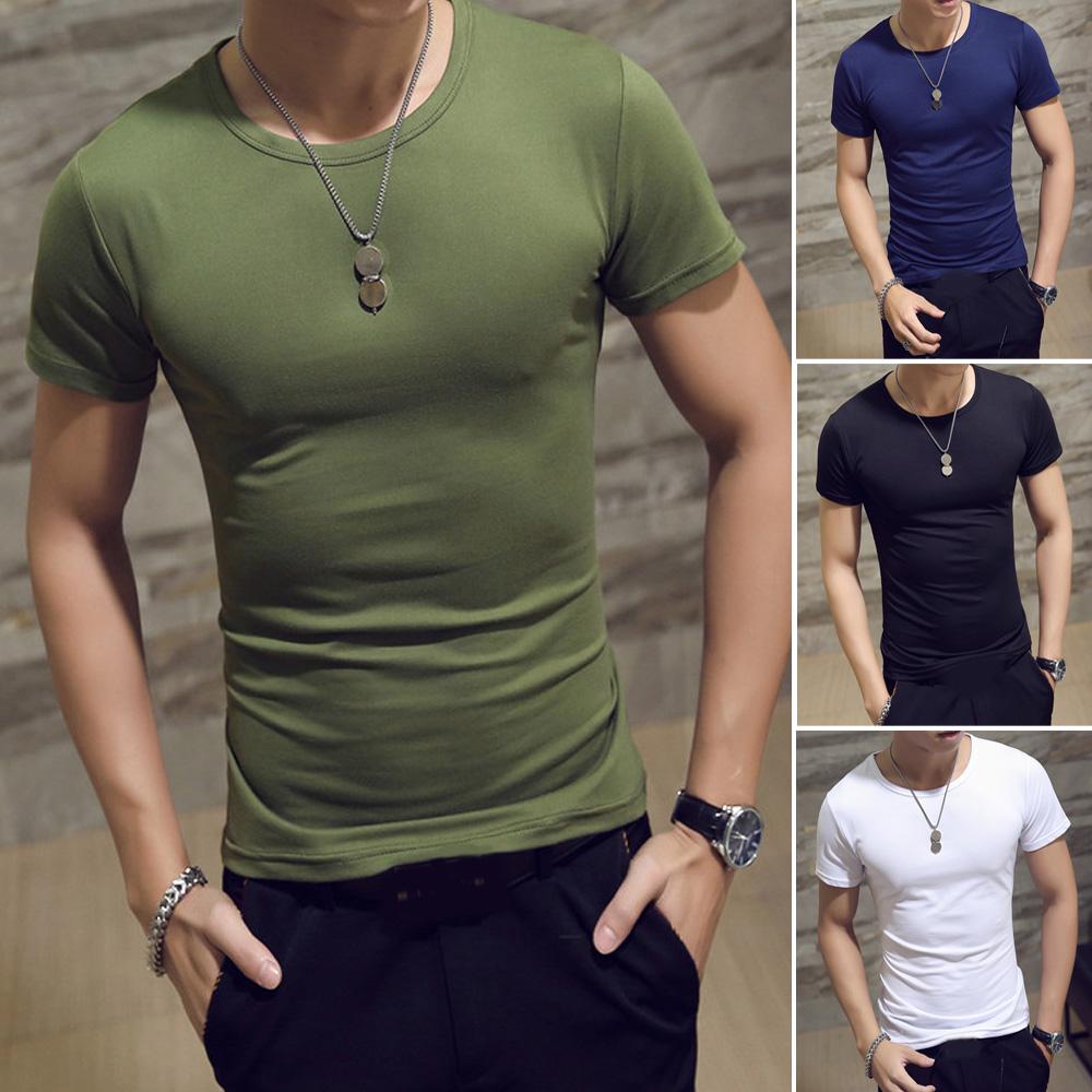 Men's Casual Solid Color Slim Fit Round Neck Short Sleeve Basic Tee T ...