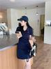 Women's Embroidered Polo Collar Short-Sleeved T-Shirt Dress - Waist-Cinching Slim Summer Long Skirt, Academy Style.
